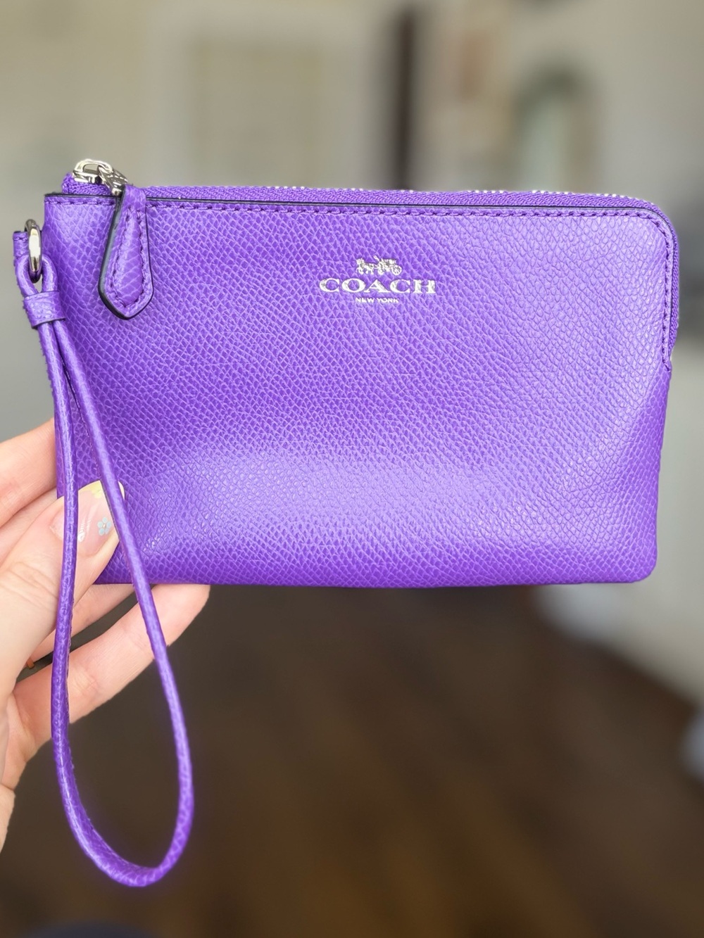 Coach Corner Zip Wristlet, Purple/Silver